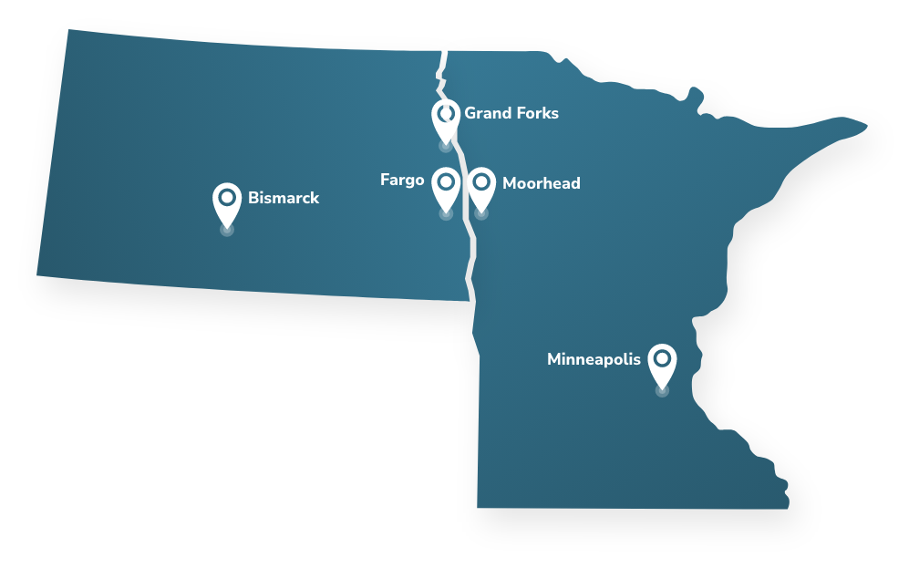 Graphic of MN and ND with location pins for each Vogel Law location