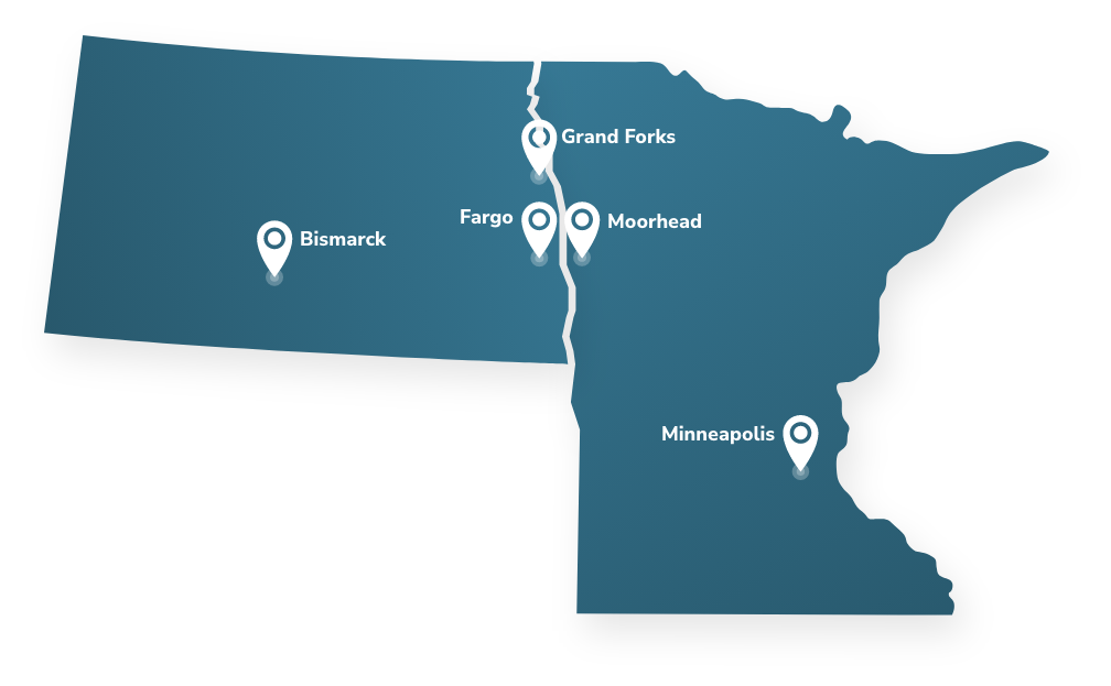 Locations Graphic Graphic of MN and ND with location pins for each Vogel Law location